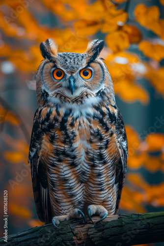 Majestic owl perched on a branch during autumn. An owl with striking orange eyes rests on a branch, surrounded by vibrant autumn leaves in a natural landscape.