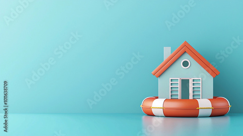 3D house is floating on lifebuoy, symbolizing flood insurance and safety. vibrant colors create cheerful and reassuring atmosphere