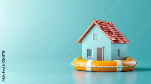 3D house floating on lifebuoy symbolizes flood insurance and safety. This creative representation highlights importance of protecting homes from water damage