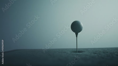 A dramatic image of a singular golf ball perched atop a tee, bathed in soft light against a minimalist background.