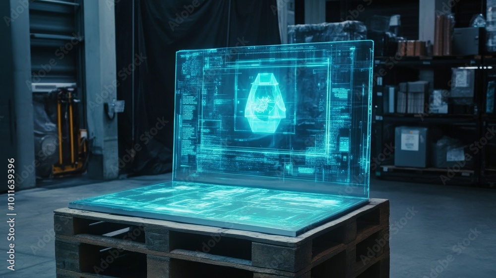A futuristic holographic interface displayed on a transparent screen, set in an industrial environment. A futuristic holographic interface displayed on a transparent screen, set in an industrial environment.