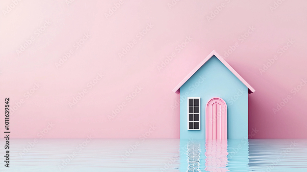 colorful 3D house stands in calm water, reflecting serene atmosphere against soft pink background. design evokes feelings of tranquility and creativity