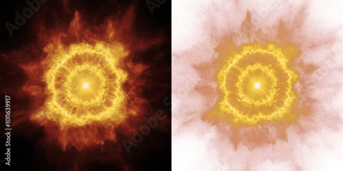 Vibrant orange and yellow energy burst with electric tendrils, set against a black and alpha background for easy compositing. Perfect for fiery visual effects, sci-fi, or dynamic design projects.