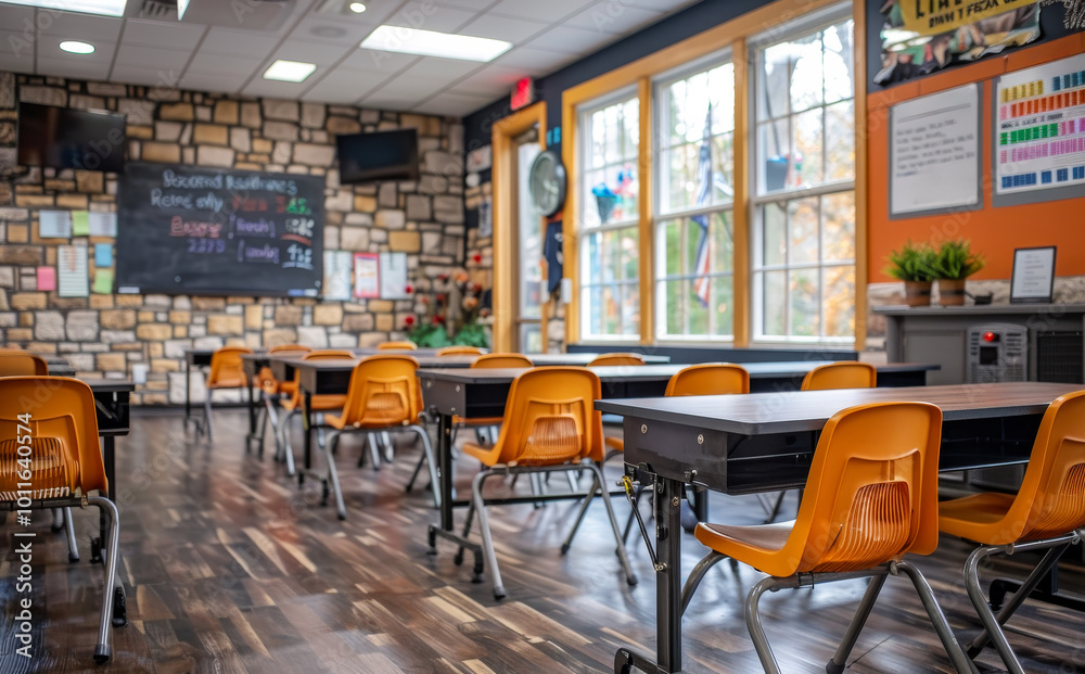 Bright, modern classroom with wood accents. This vibrant classroom features colorful decor, arranged desks, and large windows allowing natural light to flood the space.