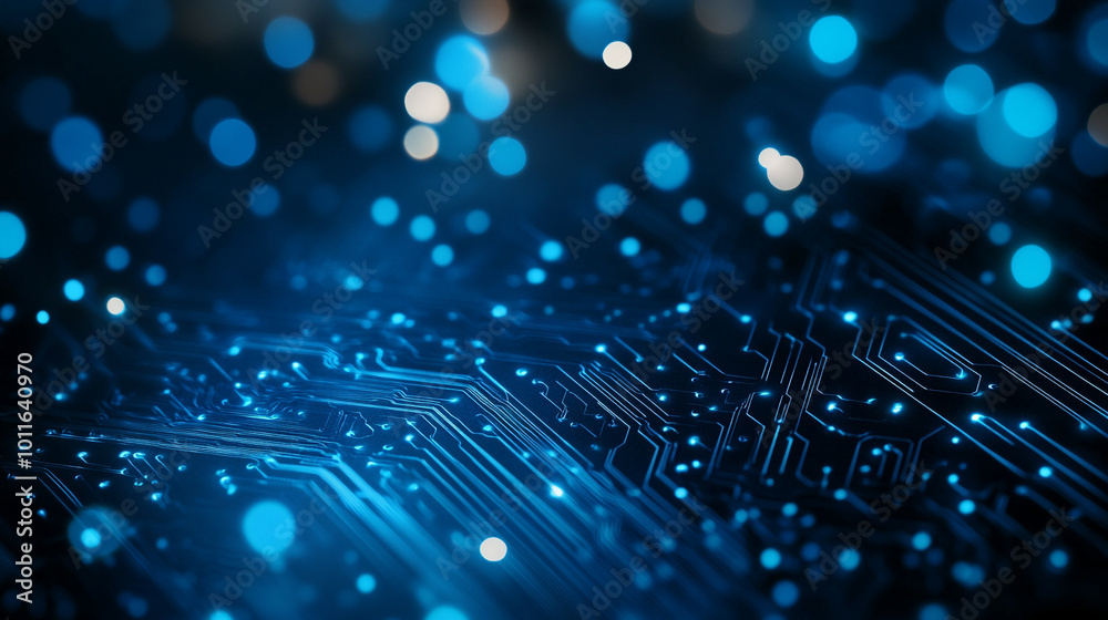 Abstract close-up of a circuit board illuminated by bright blue lights in a dark environment Abstract close-up of a circuit board illuminated by bright blue lights in a dark environment
