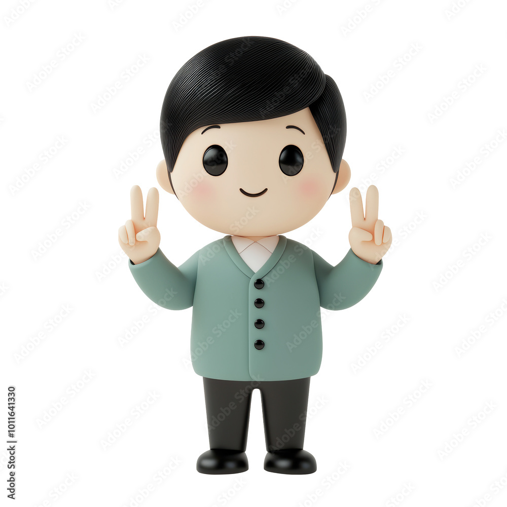 3D cartoon character with black hair and a green sweater, giving a peace sign with both hands and smiling. Large eyes and a cheerful demeanor. Isolated on transparent background, png.