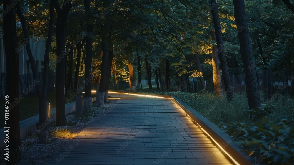 Fototapeta premium A serene, illuminated forest walkway winds through tall trees, creating a peaceful and inviting evening ambiance.