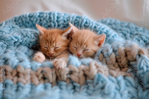 Cute ginger little red kitten sleeps on fur blue plaid. Baby cats sleeping together. Tabby kitten lying under knitted blanket. Two feline cuddling, hugging. Domestic animal. Cozy nap time. Home pet