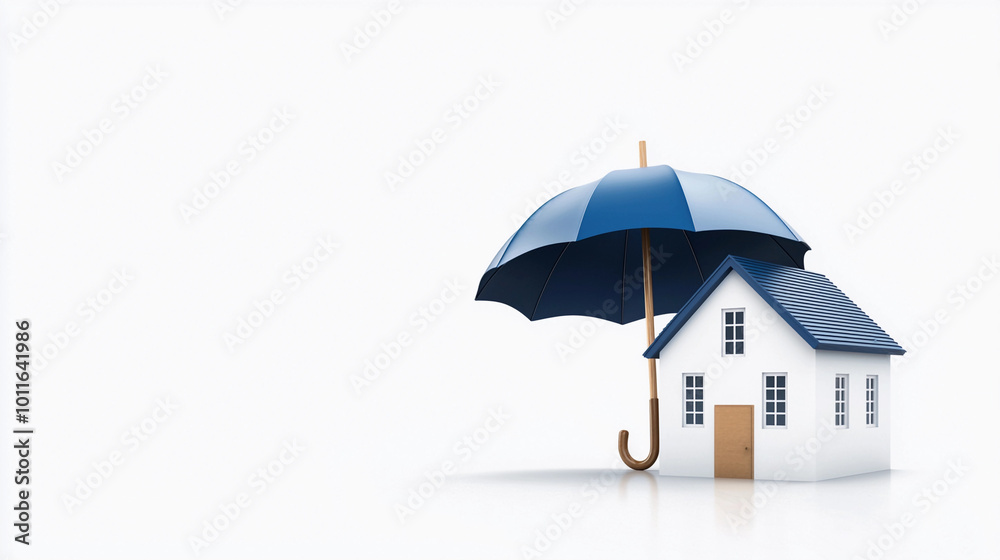 house under blue umbrella symbolizes protection and security in minimalist design. This conveys sense of safety and comfort, ideal for concepts related to home insurance or shelter