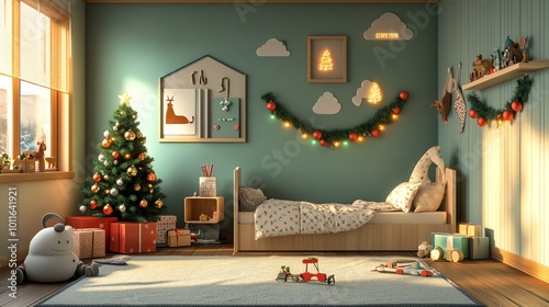 Cozy children's room decorated for the holidays, featuring a Christmas tree, playful toys, and warm lighting, creating a festive atmosphere perfect for family gatherings.