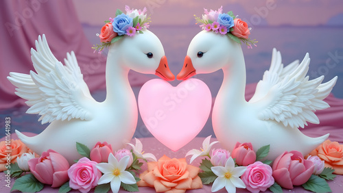 Adorable swans with flower crowns holding a glowing heart surrounded by floral decorations photo