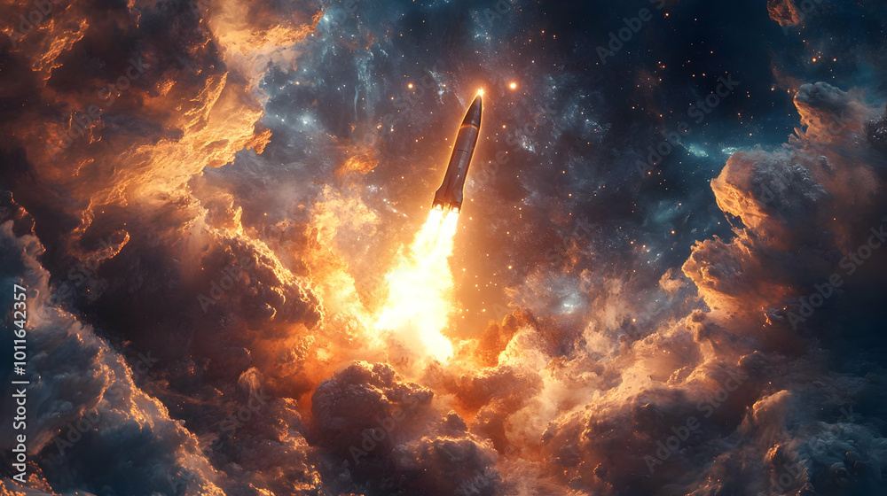 Spacecraft Launch Through Cosmic Clouds - 3D Illustration Spacecraft Launch Through Cosmic Clouds - 3D Illustration