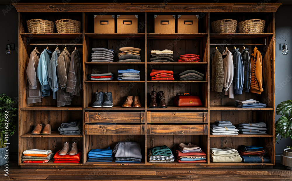 Organized wooden closet with clothes and accessories. A neatly arranged wooden closet displays sweaters, shoes, and accessories, showcasing an organized and stylish approach to storage. Organized wooden closet with clothes and accessories. A neatly arranged wooden closet displays sweaters, shoes, and accessories, showcasing an organized and stylish approach to storage.