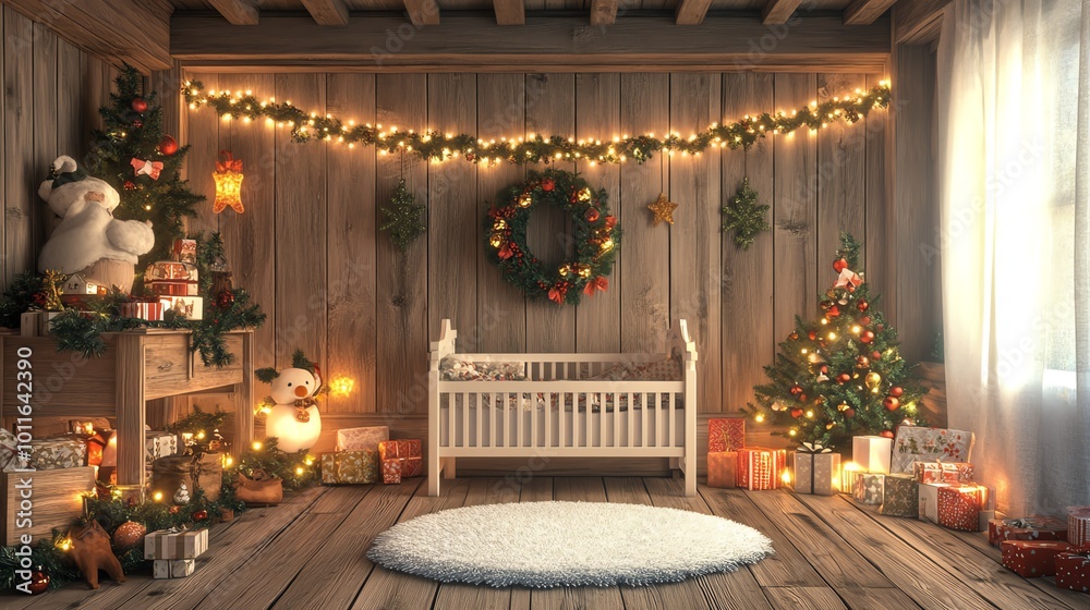 Obraz premium Cozy nursery decorated for Christmas, featuring a crib and a beautifully adorned tree with lights, surrounded by festive ornaments and a warm, inviting atmosphere.