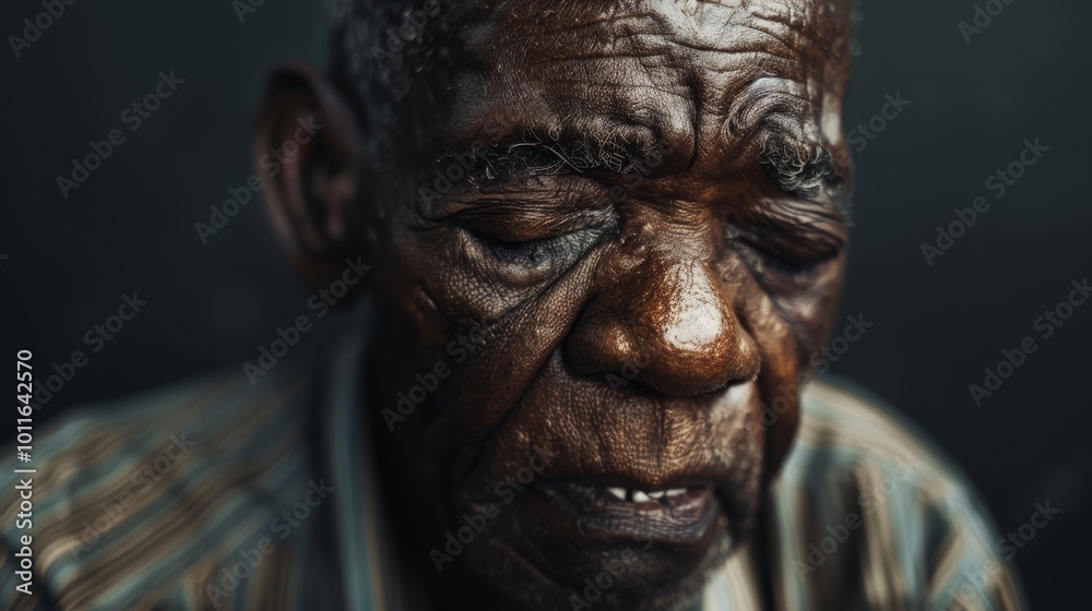 Portrait of an elderly man with closed eyes, deep wrinkles, and a striped shirt, captured in a moment of introspection and quiet dignity. Portrait of an elderly man with closed eyes, deep wrinkles, and a striped shirt, captured in a moment of introspection and quiet dignity.