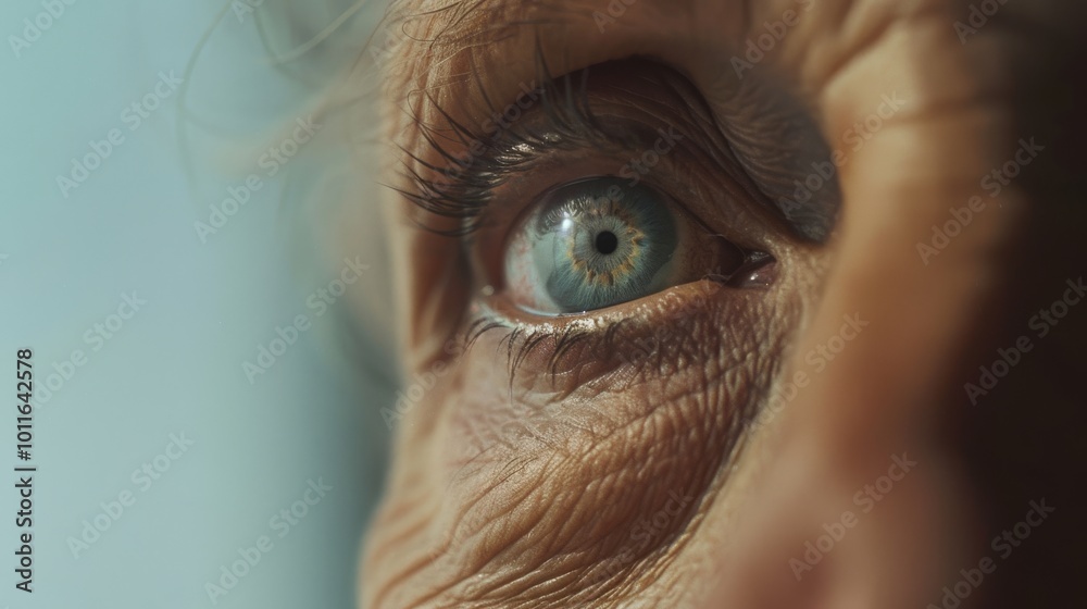 Fototapeta premium Close-up of an elderly person's blue eye, emphasizing wrinkles and the depth of life experiences captured in the delicate eye area.