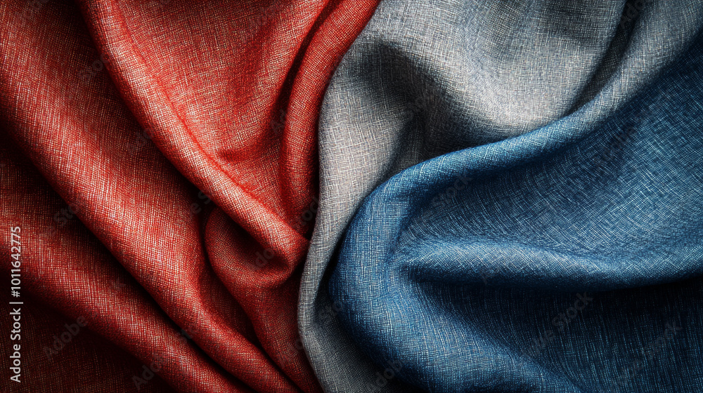 Textured fabric display featuring red, gray, and blue colors artistically arranged for inspiration