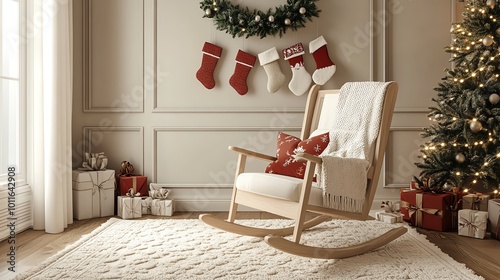 Cozy rocking chair with festive decorations, surrounded by a warm ambiance and Christmas spirit in a beautifully decorated living room.