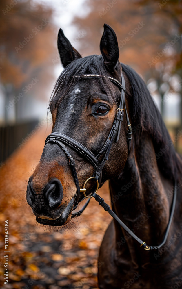 Obraz premium Horse amid autumn leaves. A majestic horse stands still, displaying its glossy coat amidst a backdrop of vibrant autumn leaves along a misty path.