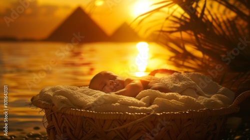 child in a basket in the Nile river with the pyramids in the background photo