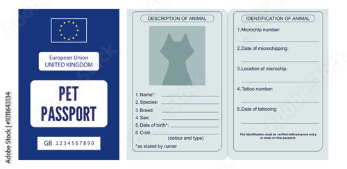 Pet passport. European Union UK pet passport with page of description and identification of animal