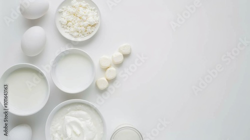 An elegant assortment of white dairy products, including eggs, small bowls of cheese, milk, and marshmallows, beautifully presented on a stark white background.