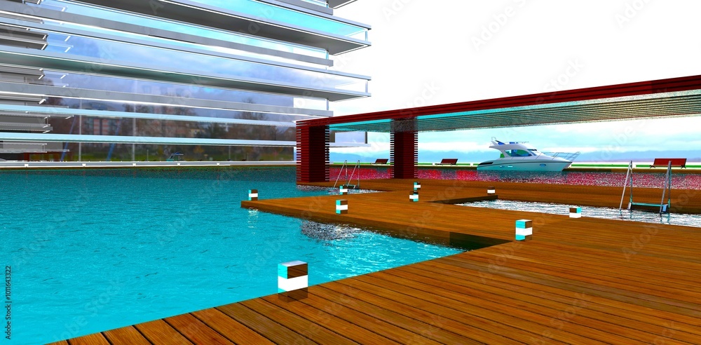 Fototapeta premium A walkway along the wooden pier leads to the boarding area for water transport at a prestigious hotel. 3D rendering.