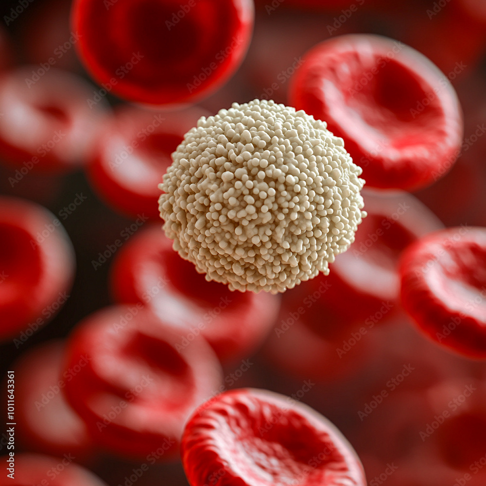 A white blood cell with a granular surface surrounded by many smooth red blood cells. A white blood cell with a granular surface surrounded by many smooth red blood cells.