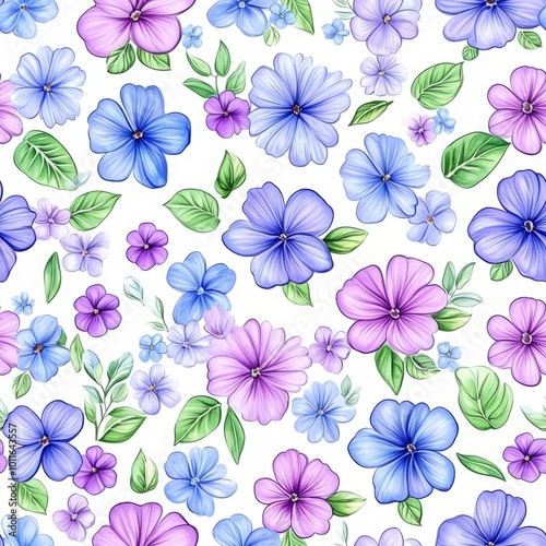 A vibrant floral pattern featuring various blue and purple flowers.