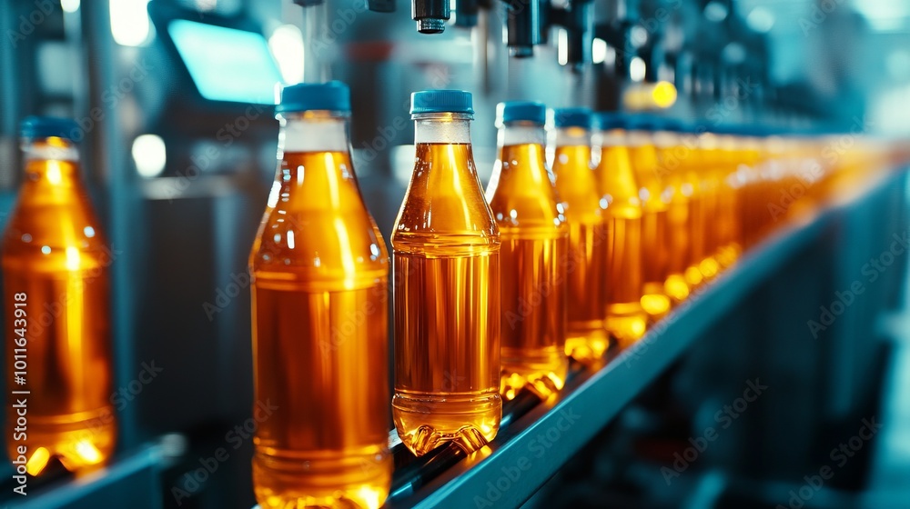 Bottles of orange liquid on a production line in a factory. Bottles of orange liquid on a production line in a factory.
