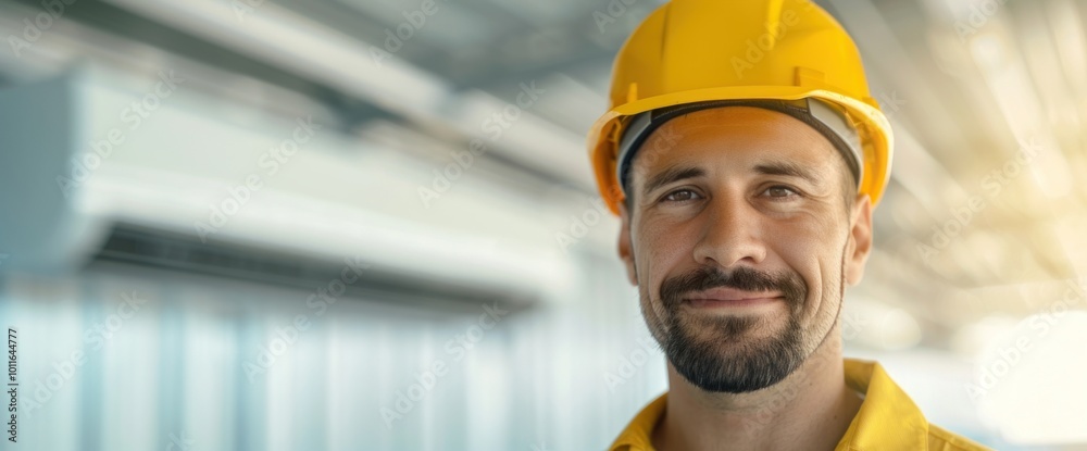 A man wearing a yellow hard hat and a yellow shirt is smiling