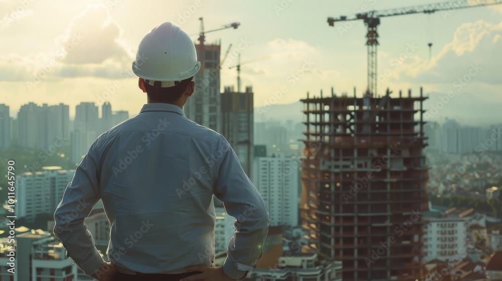 An engineer in a hard hat observes construction cranes against a city skyline, symbolizing urban growth and architectural achievements. An engineer in a hard hat observes construction cranes against a city skyline, symbolizing urban growth and architectural achievements.