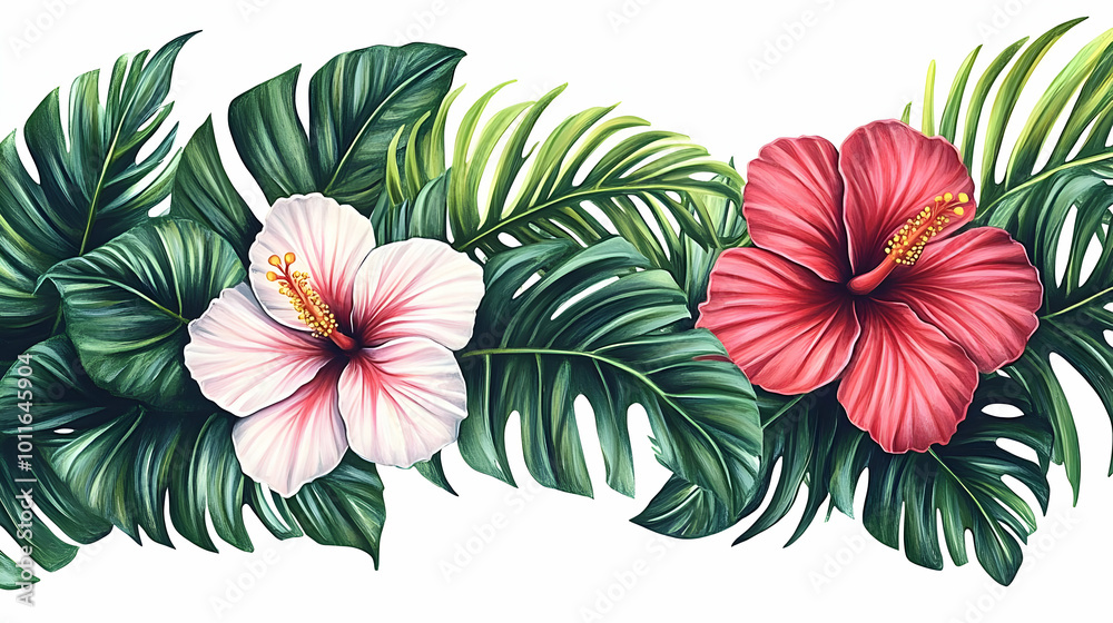 Watercolor Illustration of Pink and Red Hibiscus Flowers with Lush Green Tropical Leaves Watercolor Illustration of Pink and Red Hibiscus Flowers with Lush Green Tropical Leaves