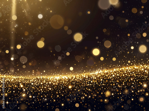 Golden glitter particles of different sizes with bokeh effect on a black background