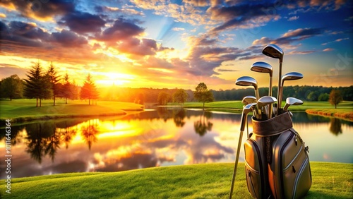 Golf clubs reflecting on field at sunset and golf course photo