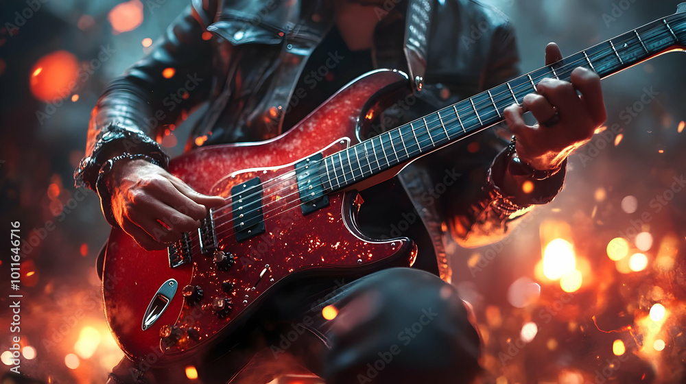 Obraz premium Red Electric Guitar Player Closeup Illustration