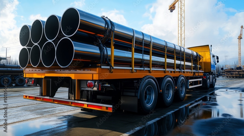 © Dmitry - A heavy-duty truck loaded with shiny steel pipes stands ready for transport at a bustling industrial site, reflecting the clear blue sky above © Dmitry - A heavy-duty truck loaded with shiny steel pipes stands ready for transport at a bustling industrial site, reflecting the clear blue sky above