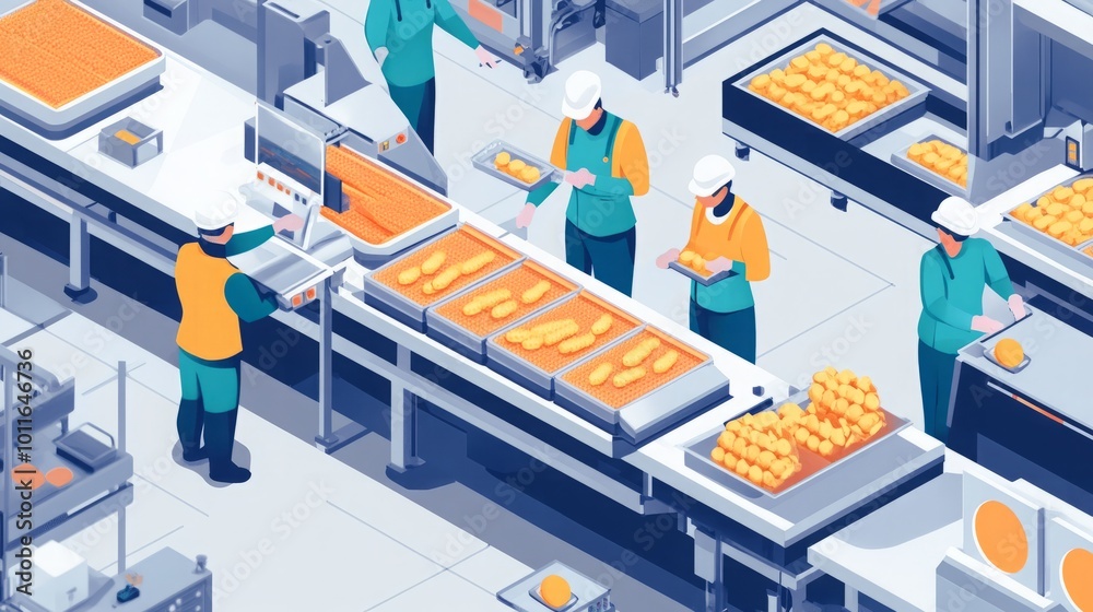 Obraz premium Workers processing food in a factory setting with assembly lines.