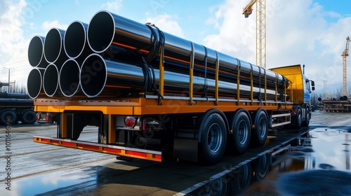 A heavy-duty truck loaded with shiny steel pipes stands ready for transport at a bustling industrial site, reflecting the clear blue sky above