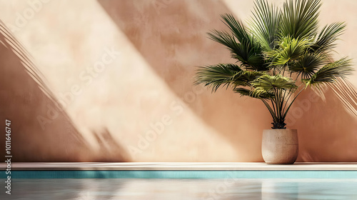 A Palm Tree Stands Tall Beside a Tranquil Pool with Sunlight Filtering Through the Lush Foliage, Creating a Serene and Inviting Atmosphere