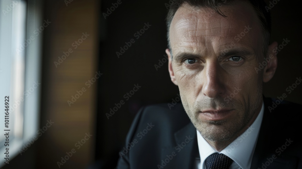 A serious-minded businessman in a suit stares intently at the camera, seated in a dimly lit office with a contemplative expression conveying intensity and focus. A serious-minded businessman in a suit stares intently at the camera, seated in a dimly lit office with a contemplative expression conveying intensity and focus.