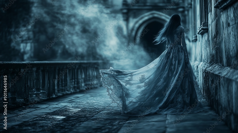 The mysterious figure of a ghost woman walking along an ancient stone street. Her long lace dress flutters in the wind, creating a floating effect. The mysterious figure of a ghost woman walking along an ancient stone street. Her long lace dress flutters in the wind, creating a floating effect.