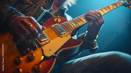 Close-up of Musician's Hands Playing Electric Guitar - Photo
