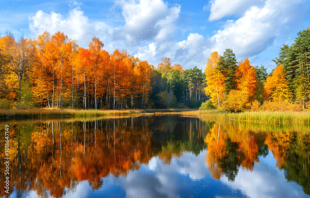 Beautiful Autumn Foliage Reflected in Calm Lake Surrounded by Colorful Trees and Blue Sky Beautiful Autumn Foliage Reflected in Calm Lake Surrounded by Colorful Trees and Blue Sky