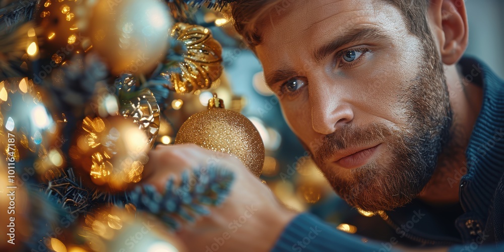 A deeply focused man with a contemplative expression decorates a beautifully lit Christmas tree with golden ornaments, exuding warmth and festivity A deeply focused man with a contemplative expression decorates a beautifully lit Christmas tree with golden ornaments, exuding warmth and festivity