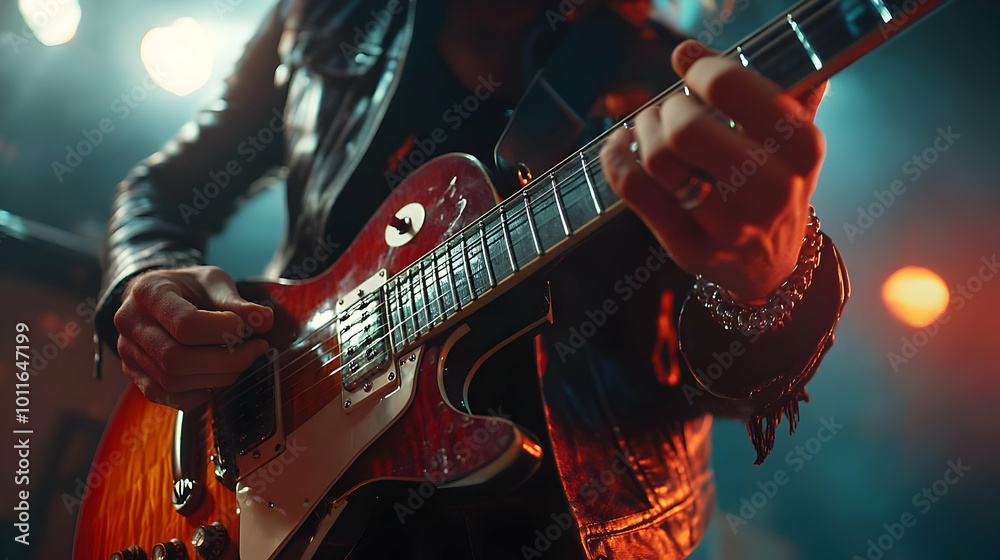 Obraz premium Guitarist Playing Electric Guitar on Stage with Red and Blue Lighting Photo