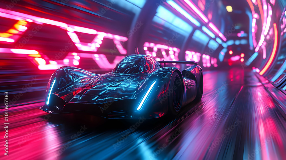 Futuristic Sports Car Neon Lights Tunnel 3D Illustration Futuristic Sports Car Neon Lights Tunnel 3D Illustration