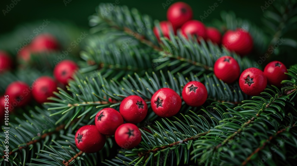 Close-up photograph of vibrant red berries resting on lush green fir branches showcasing the intricate details of holiday-themed natural elements