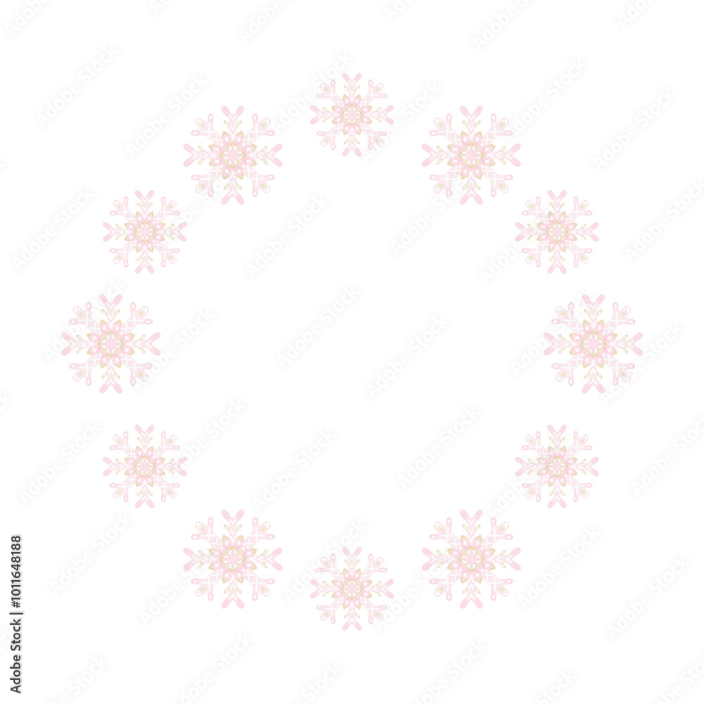 snowflakes. Round frame on white background for textiles and wrapping paper. Cute watercolor Christmas illustration snowflakes. Round frame on white background for textiles and wrapping paper. Cute watercolor Christmas illustration