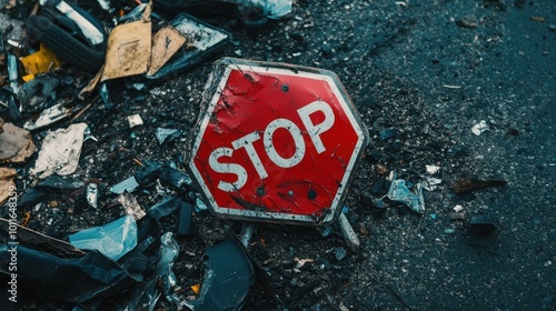 A damaged stop sign surrounded by debris on a roadside. photo